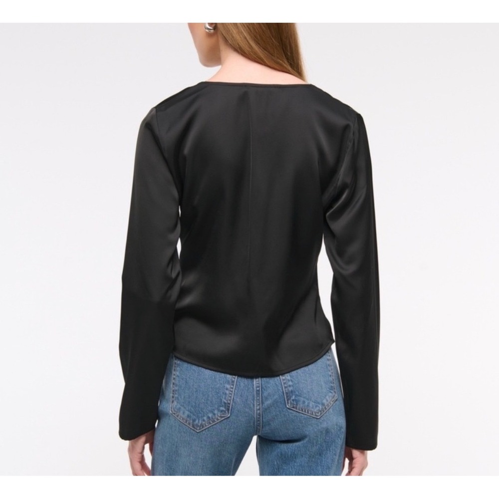 Abercrombie & Fitch Blouse Too Lace Tie Front Satin Long Sleeve Black XL - Picture 2 of 11